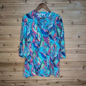 Escape by Habitat Clothes Tropical Leaf‎ Print Tunic Top Blue Pink Small